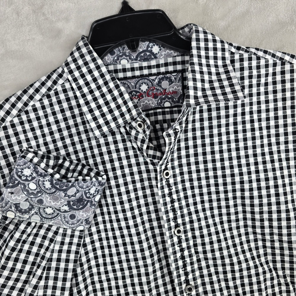 Robert Graham Mens XL Classic Fit Black White Gingham Checkered Shirt Flip Cuffs